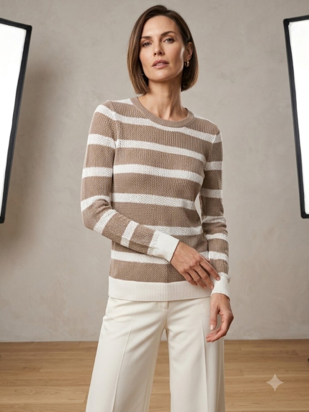 Alfred Sung Ivory & Light Brown Stripped 100% Cotton Lightweight Long Sleeve SzL